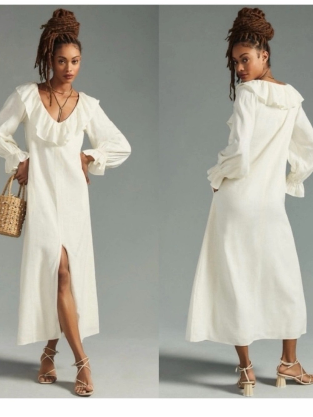 Anthropologie Women’s Cream Ruffle V-Neck Maxi Dress